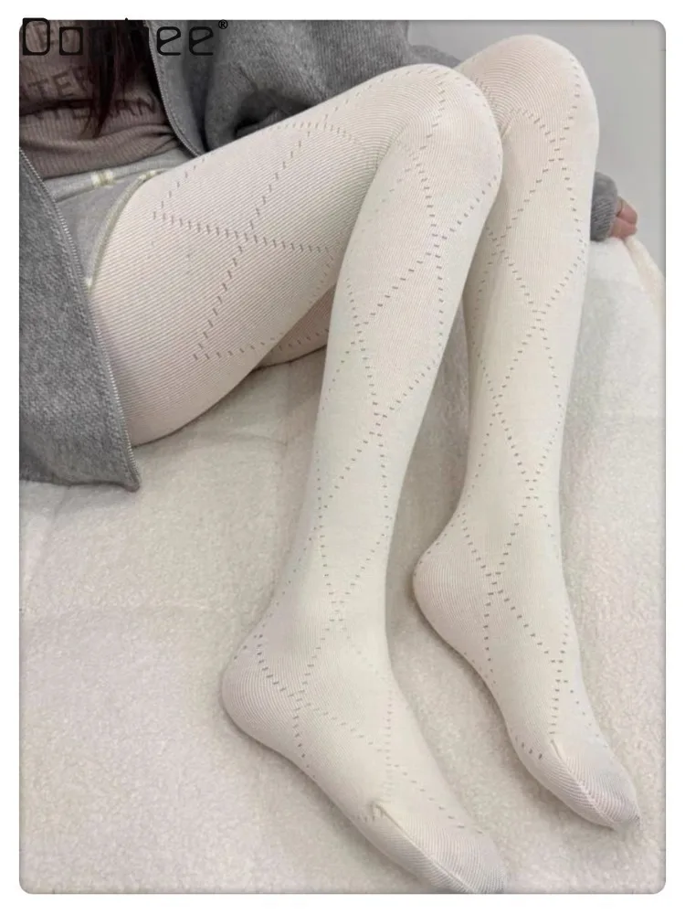 Japanese-style Autumn Knitted Cotton Diamond-pattern Open-weave Base Pantyhose Fashionable Warm Suitable for Children Teenagers