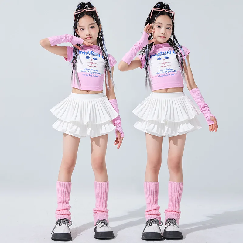 Girls Hip Hop Crop Top White Street Dance Skirt Children Sweet High Neck T-shirts Streetwear Clothes Sets Kids Jazz Costumes