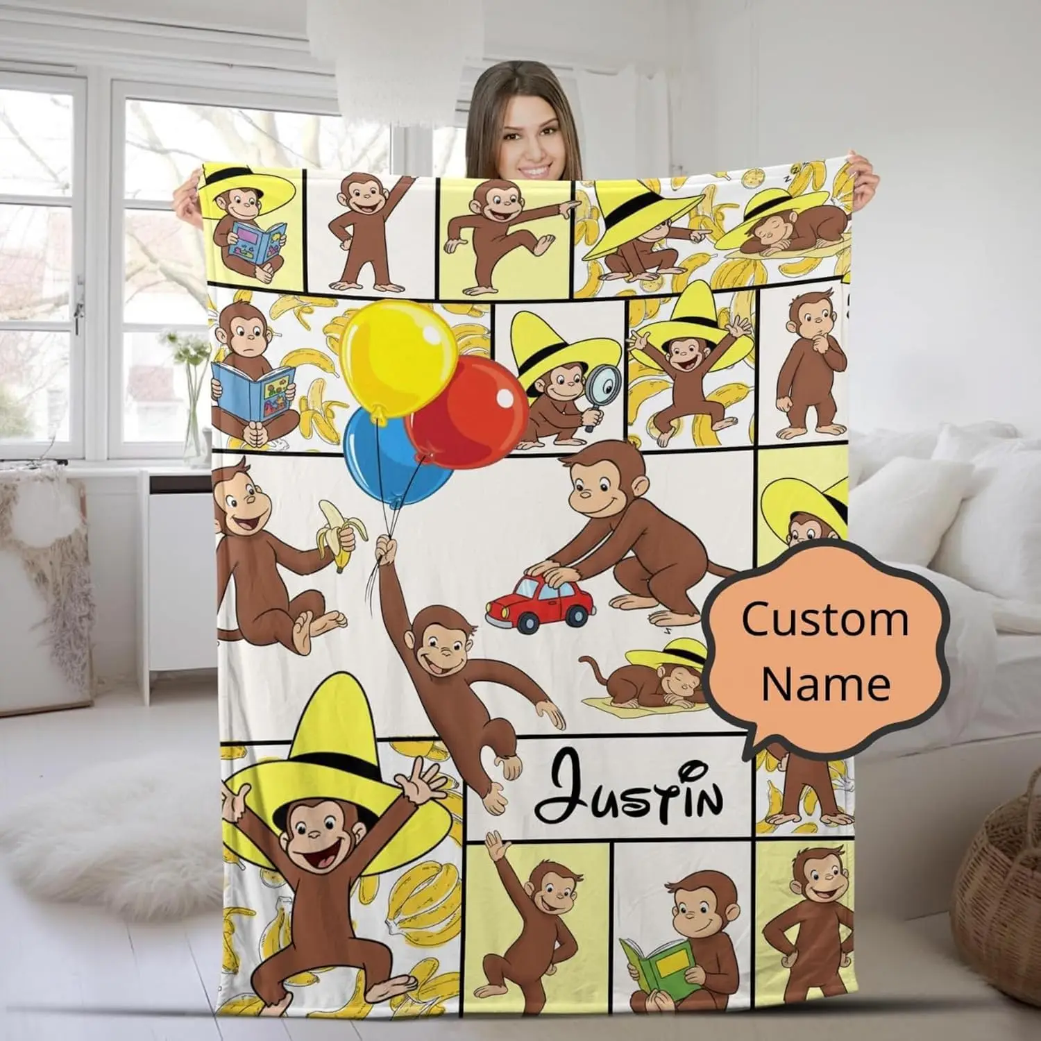 Fun Tropical Monkey Jungle Pattern Polyester Throw Blanket Cute Cartoon Animal Nursery Decor Gift Cozy Throw for Kids Baby Home