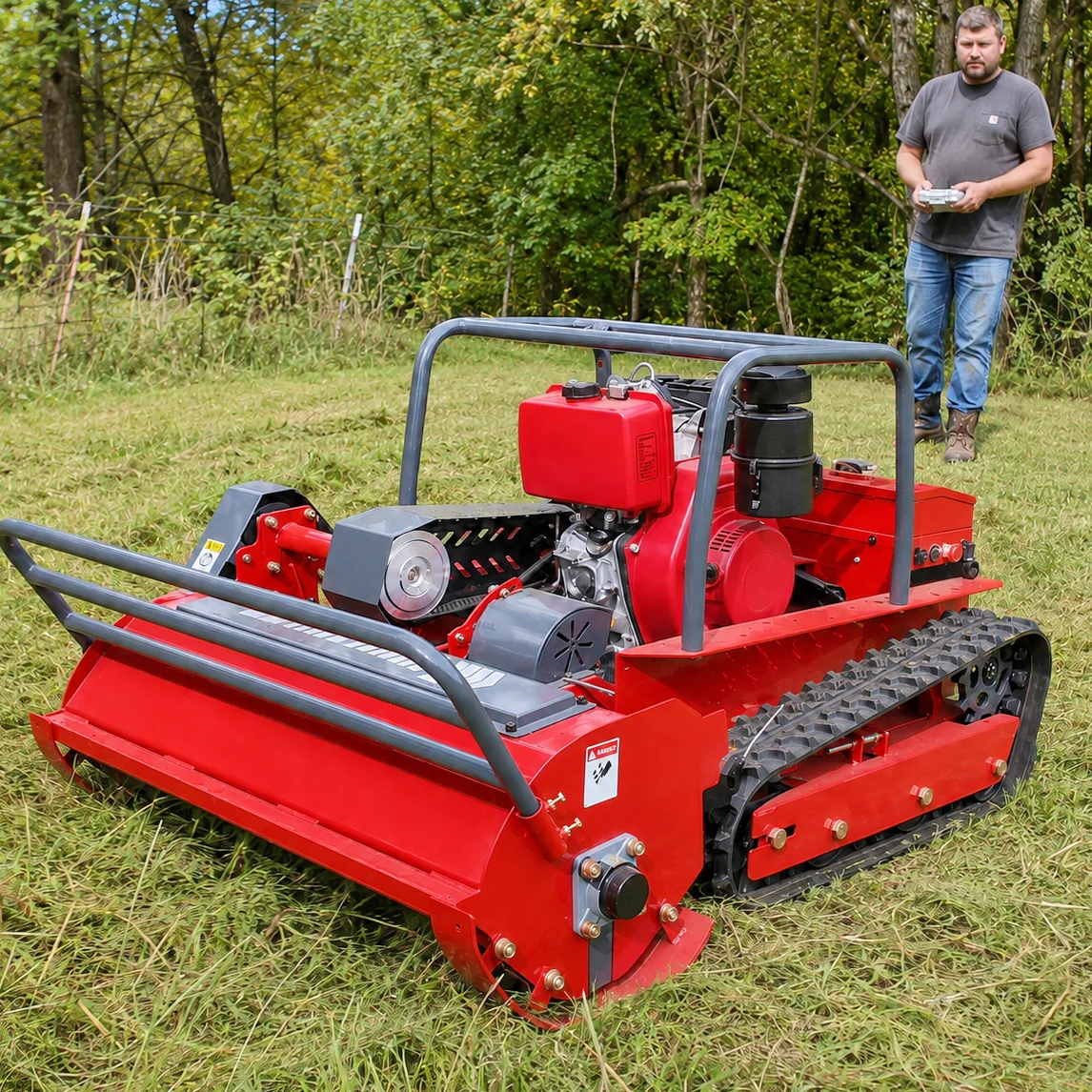 Custom Remote Control Lawn Mower 1200mm Cutting Width Tracked Brush Mower for Slope Orchard Farm Grass Cutting CE EPA  Factory
