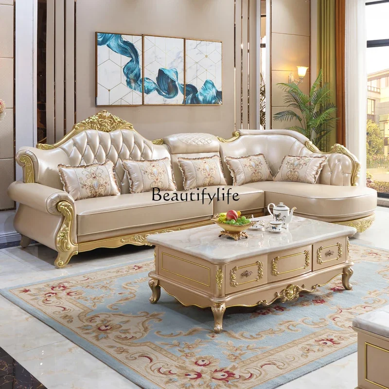 

FG28European leather sofa living room first layer cowhide size apartment high-end American champagne gold