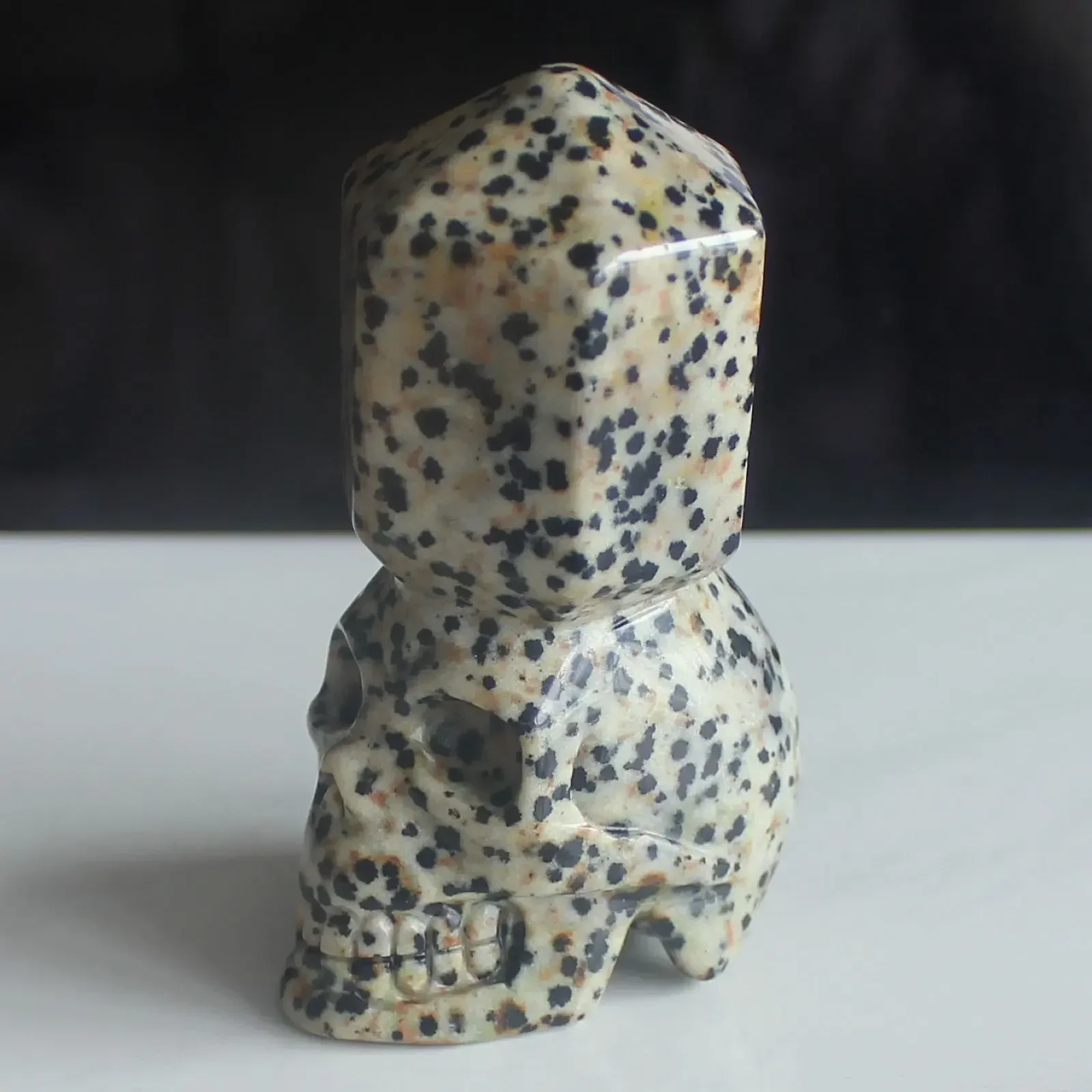 Hand Carved gemstone crystal Dalmation Jasper Hexagonal Point Wand Skull Figurine statue office home decor