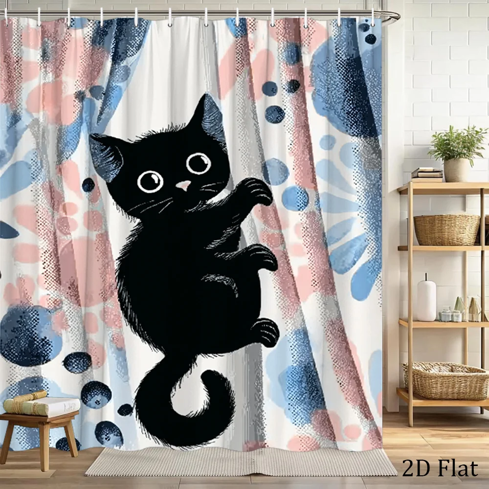 

Whimsical Black Cat Print Shower Curtain Modern Bathroom Decor Waterproof Animal Graphic Curtain 180x180cm