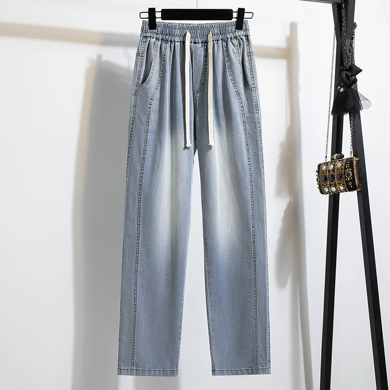 

Винтажные брюки больших размеров, модные прямые повседневные свободные джинсовые брюки-карго, широкие джинсы из тенселя, осенние корейские джинсы на шнурке Y2K