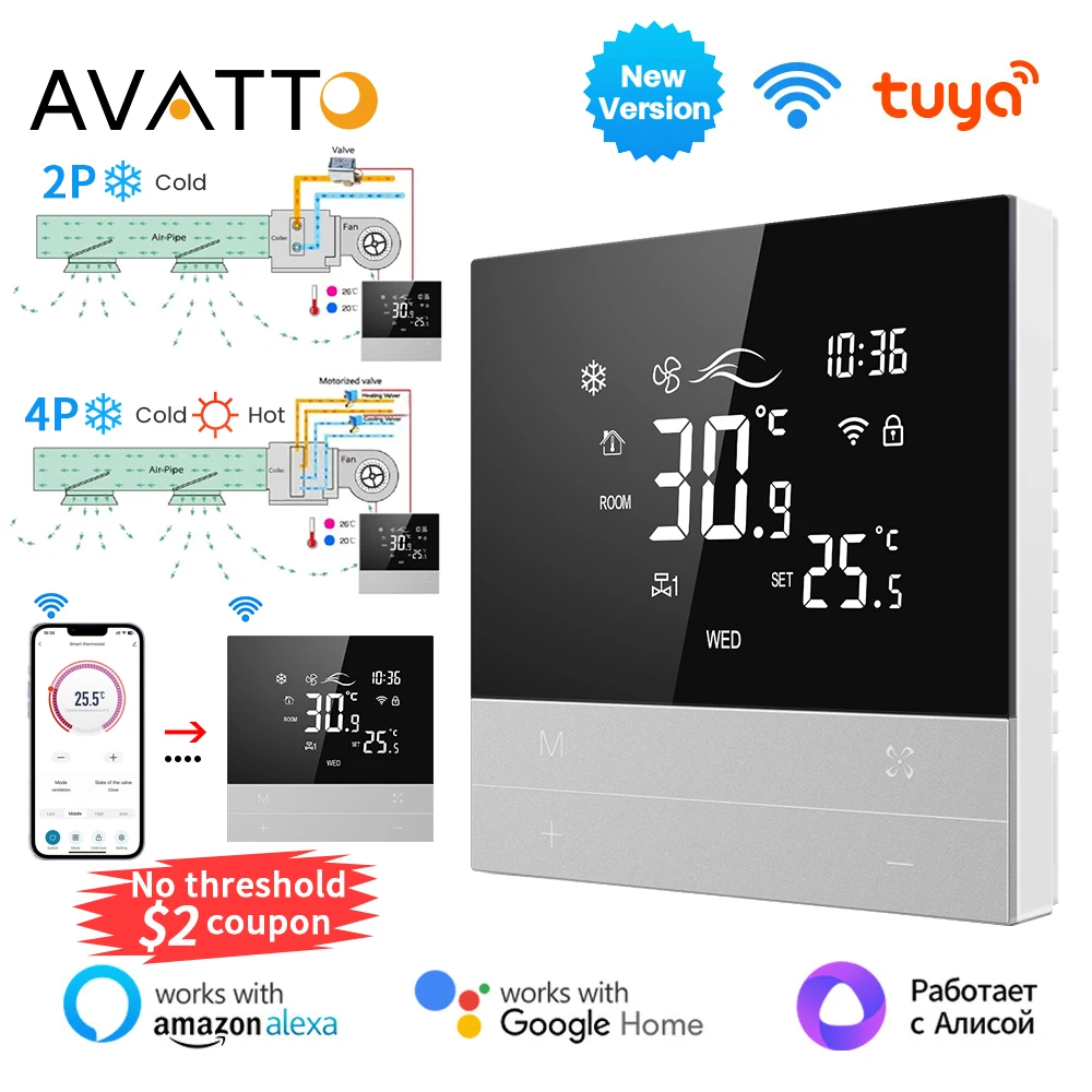 AVATTO-Tuya WiFi Inteligente Ar Condicionado Termostato Central, Interruptor De Aquecimento, Unidade De Fan Coil De 3 Velocidades, Trabalhar Com