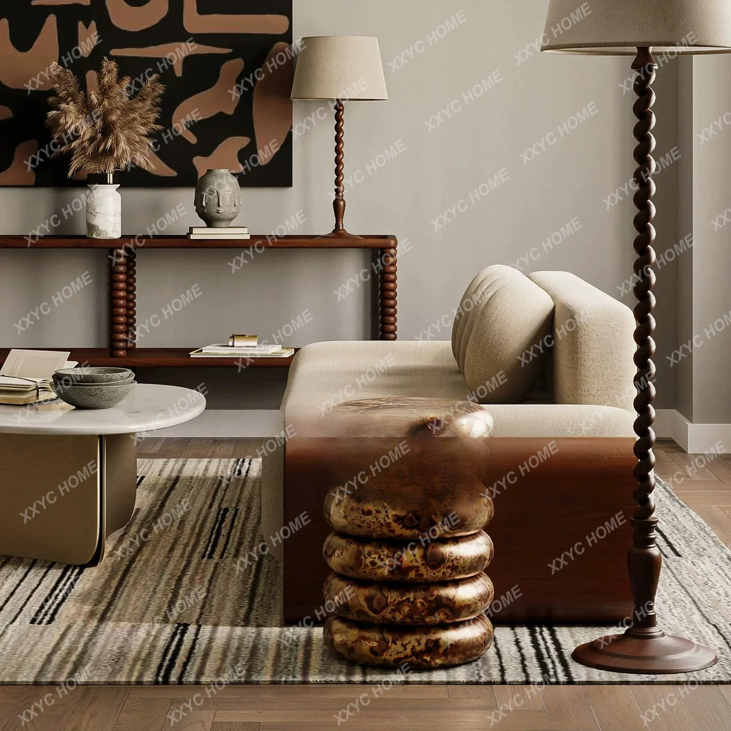 Medieval style solid wood living room fabric double sofa retro model room reception creative sofa leisure sofa