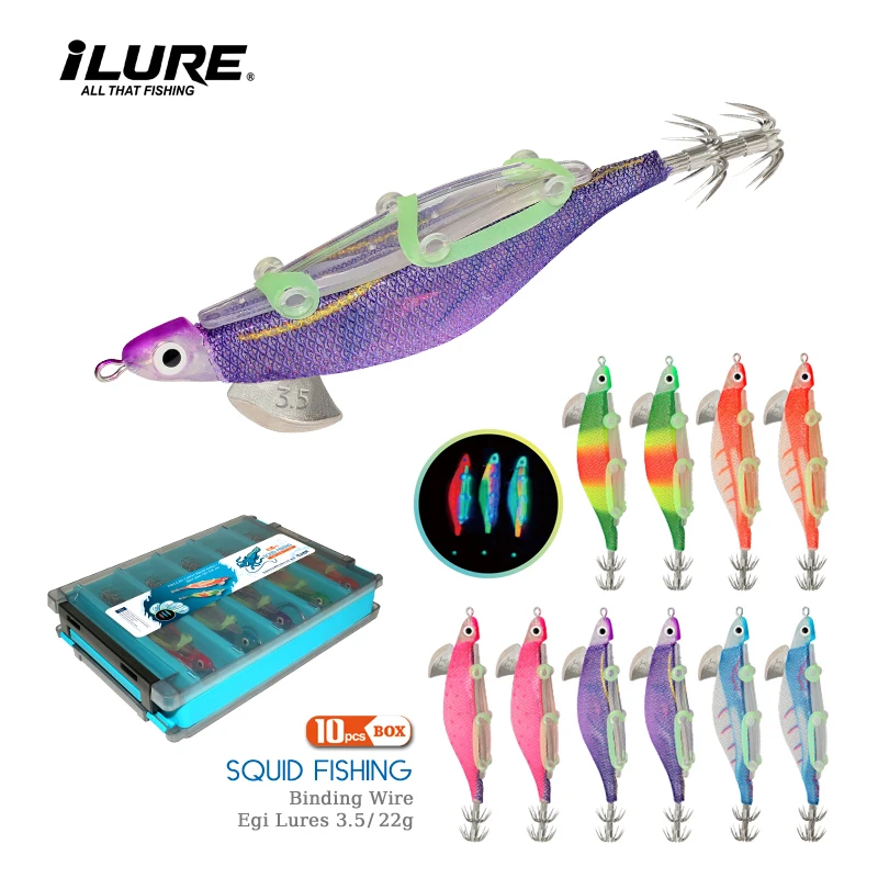 

ILURE 10pcs Artificial Hard Bait Bundled Wooden Shrimp Bait 125mm22g Luminous Squid Wobblers Sea Fishing Rockfishing Lure Tackle