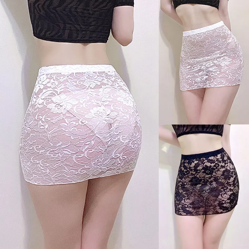 

Sexy Mini Lace Transparent Thin See-through Skirt Women Fashion Unlined Small Skirt Black White Female Hollow Mesh Hip Skirt