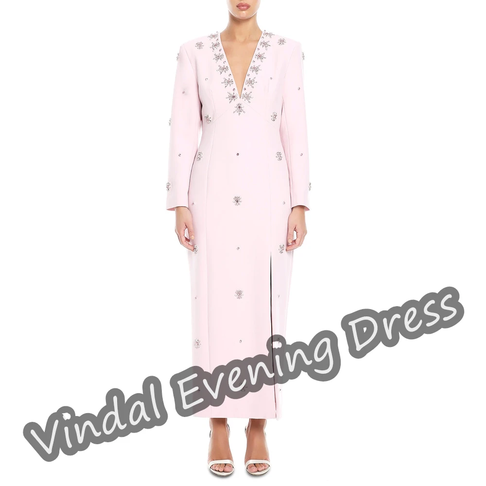 Vindal Evening Dress Tea Length V-neck Mermaid Elegant Zipper Up Built-in Bra Crepe Saudi Arabia Long Sleeves For Woman 2024