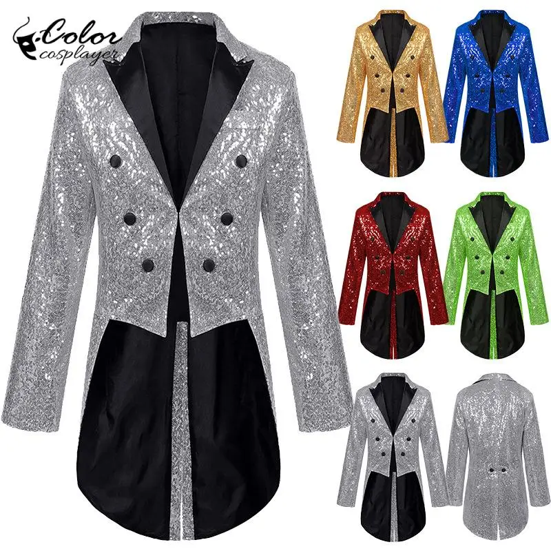

Мужской смокинг Color Cosplayer: длинный пиджак для банкетов и ночных клубов, с пайетками, в стиле ретро, для выступлений и косплея