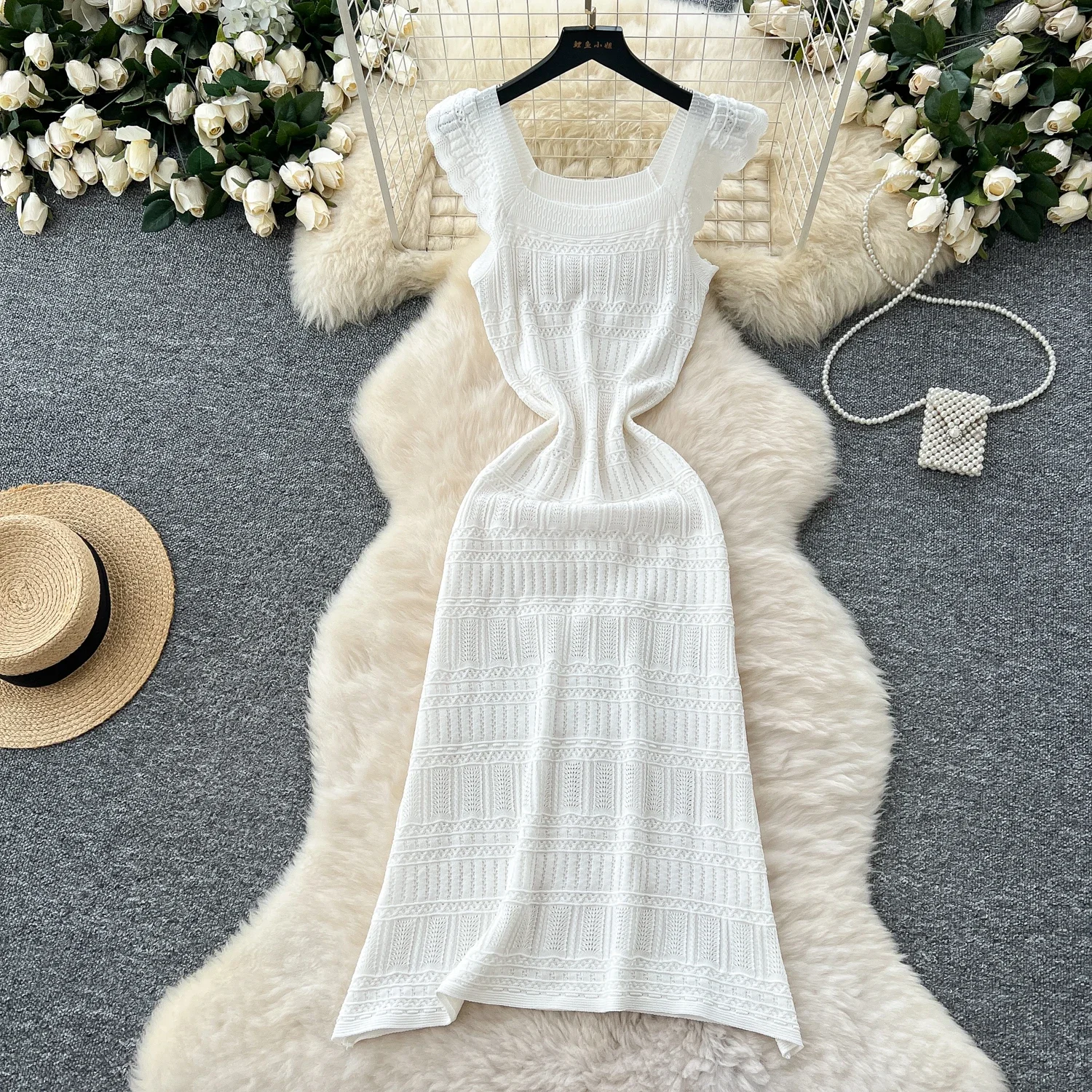 Robe longue bohème ajourée pour femmes, à volants, douce, tricotée transparente, à lacets, élastique, moulante, robe de plage, 2025