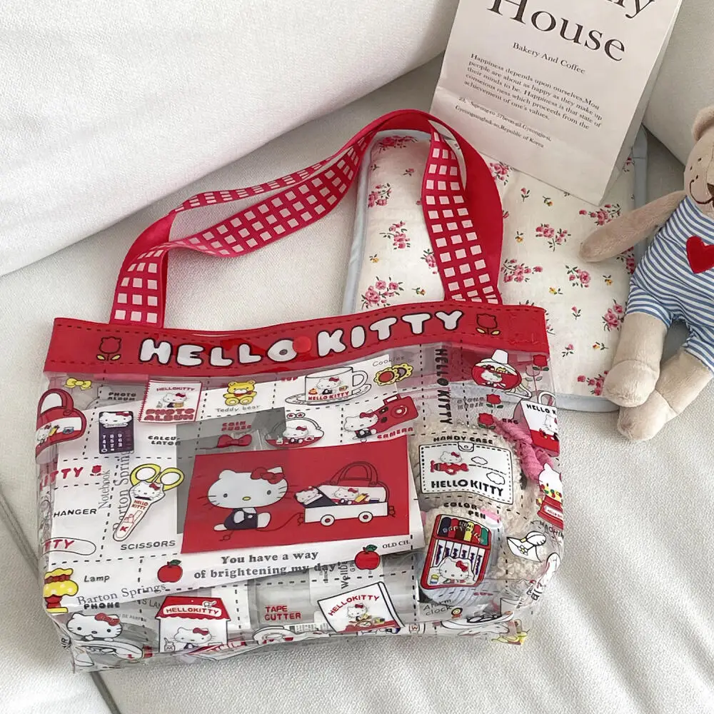 Sanrio Hello Kitty PVC Handbag Cartoon Cute Kitty Cat Transparent Waterproof Large Capacity Handbags Jelly Bags Shoulder Bag