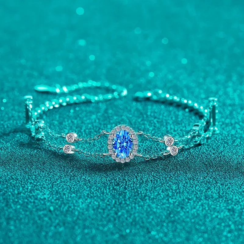 Platinum PT950 Blue Bracelet for Women Oval Package Double Chain 1ct Moissanite Diamond Bracelet Personalized Trend Fine Jewelry