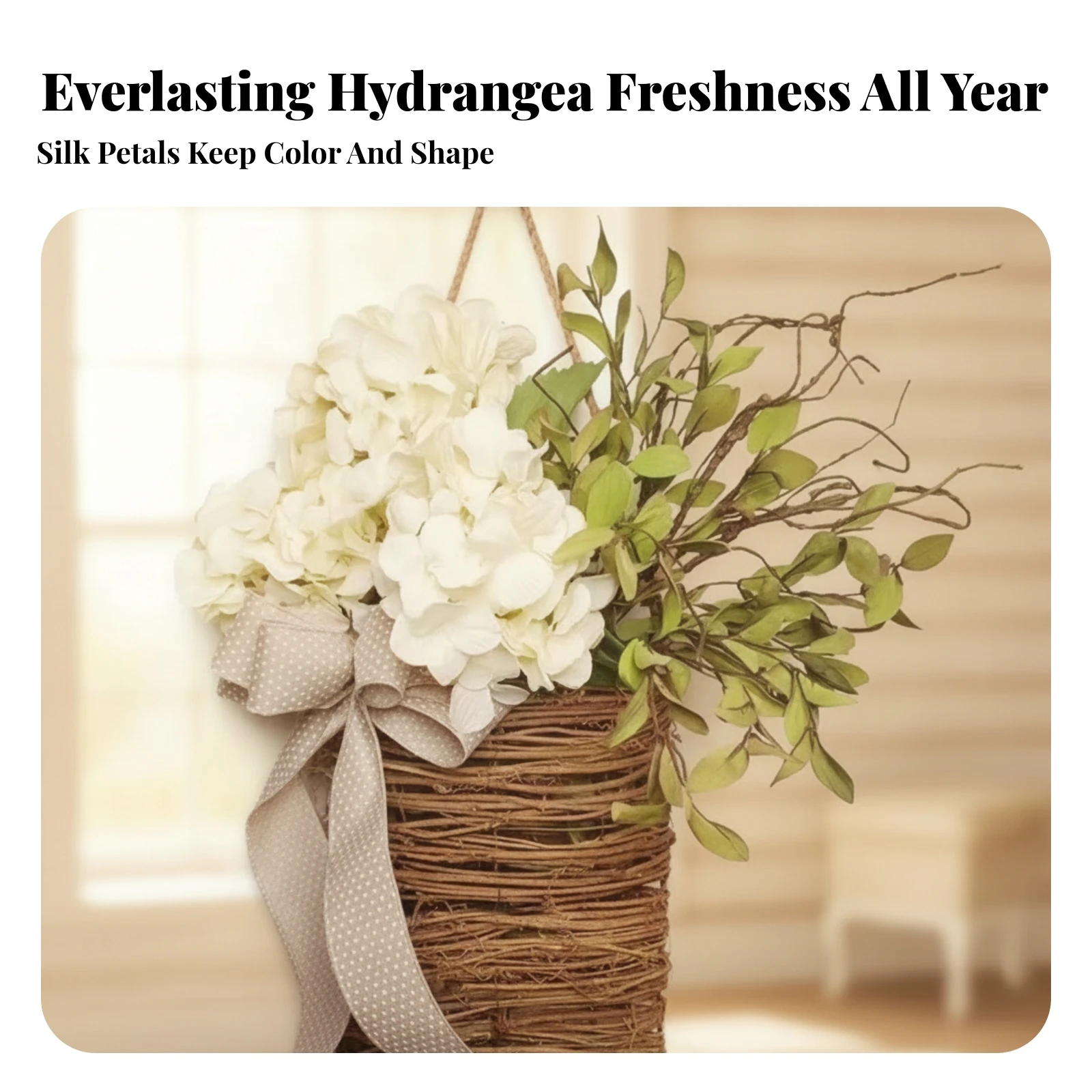 Hydrangea Basket with Bow Faux Hanging Flower Basket Woven Easy-Hang for Door, Entryway