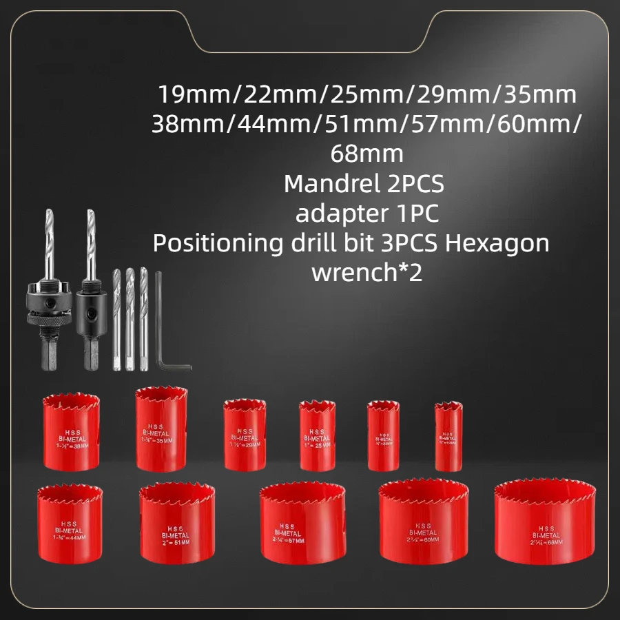 19Pcs  Hole Saw Kit 19-68mm M42 Bi-Metal Hole Saw Cutter Drill Bits Set with Mandrels for Soft Metal Sheet,Wood,Drywall,Aluminum