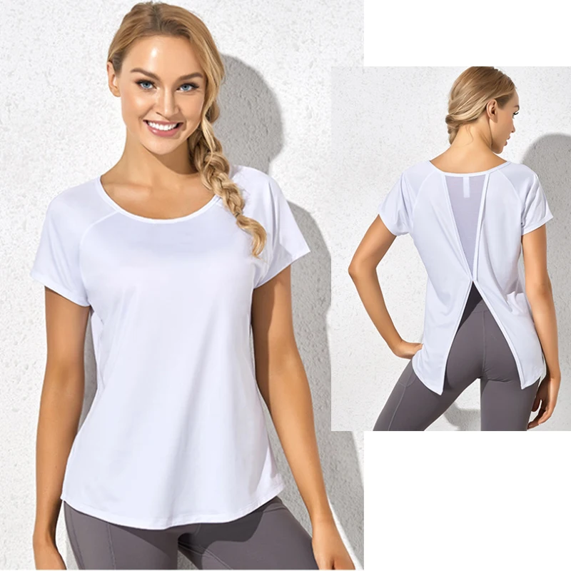 Aiithuug Yoga Short Sleeve Blouse Mesh Breathable Back Sexy Back Cool Feeling Quick Dry Slit Back Slash Workout Shirt Gym