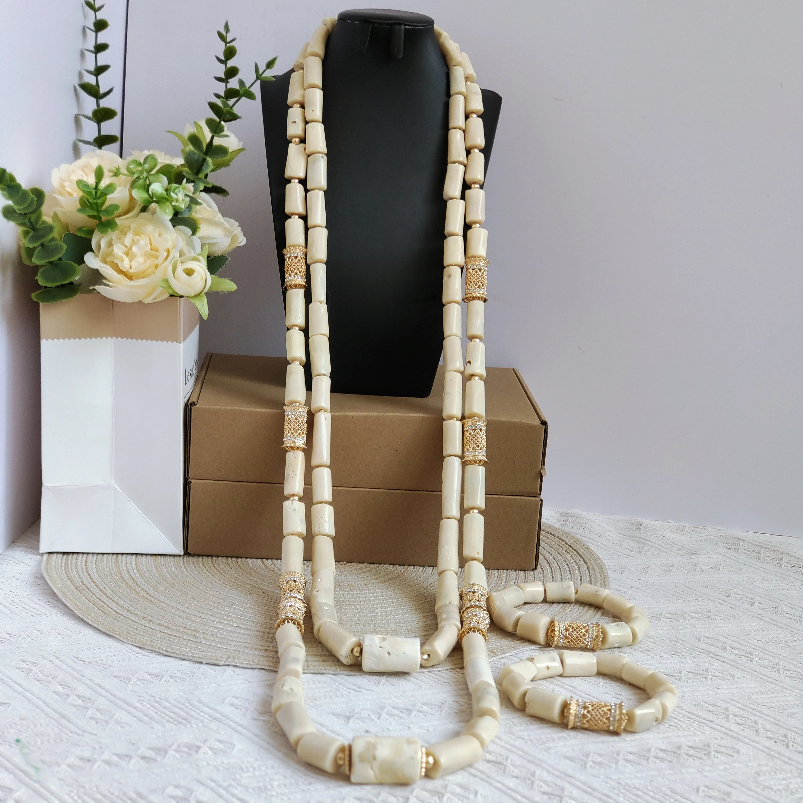 

Laanc natural coral beads jewellery set natural nigerian wedding groom jewelry