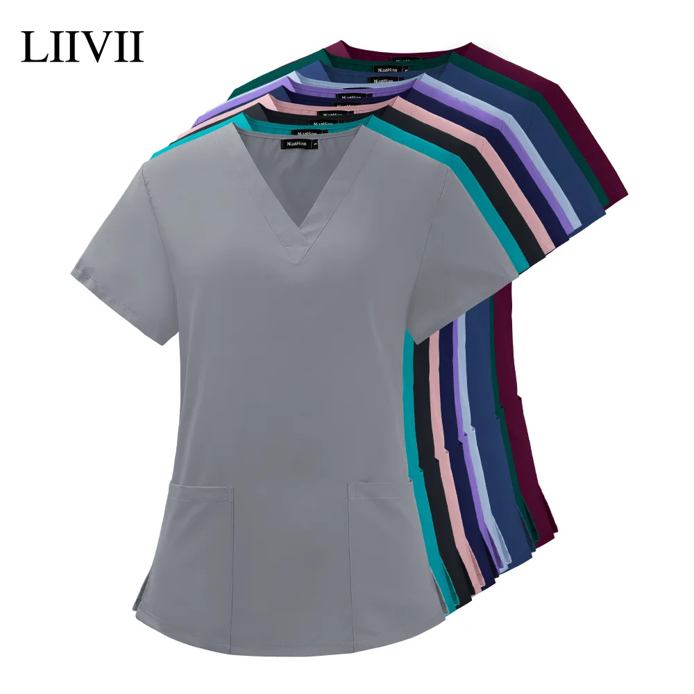 

Summer Women's Short Sleeve V-neck Pocket Care Workers T-shirt Tops Summer Workwear Top Sexy Printed Nurse Uniform Clinic Blouse