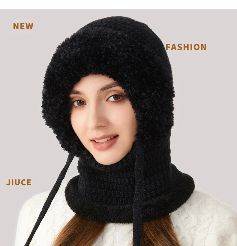 Gorro siamés de terciopelo de invierno para mujer, gorro de punto grueso para cubrir la cara, Kit de calentamiento del cuello adecuado para cabezas grandes