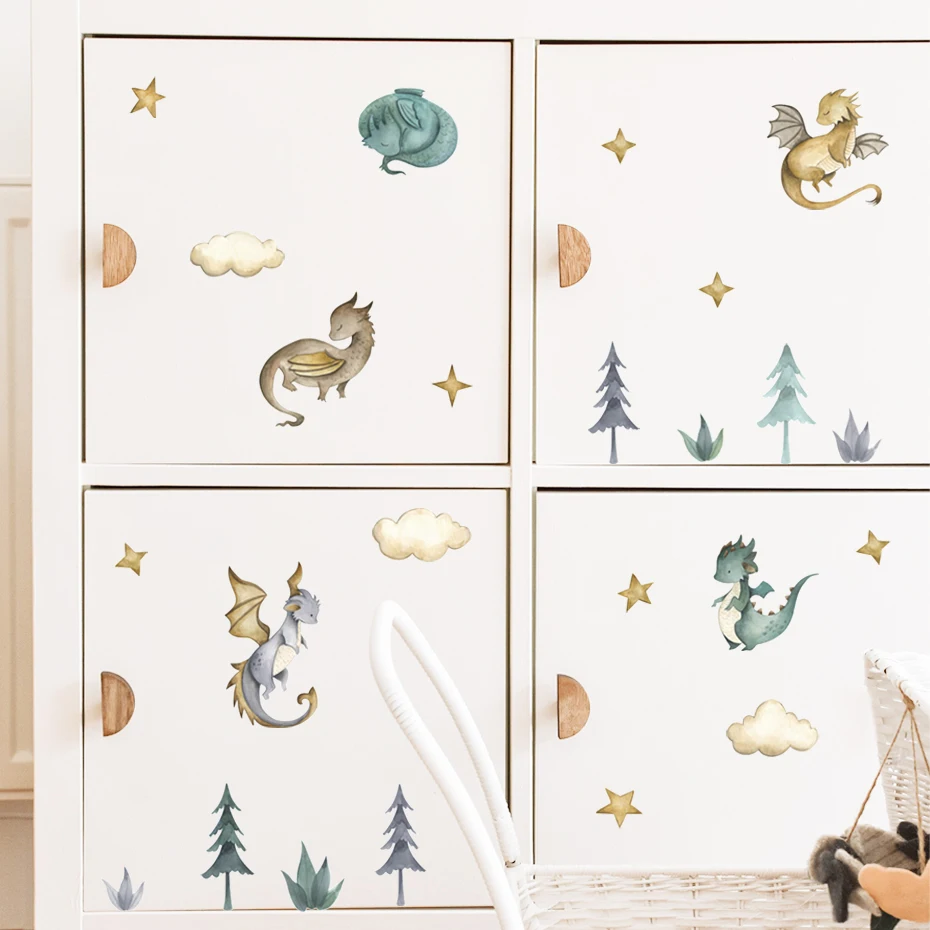 Cartoon Dragon Animals Clouds Stars Watercolor Nursery Wall Sticker Removable Vinyl Wall Decals Mural Boys Kids Room Home Decor