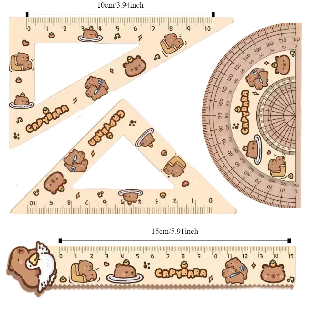 4pcs/set Creative Acrylic Capybara Set of Rulers Office Supplies Cute Cartoon Straight Ruler Drawing Tools Protractor