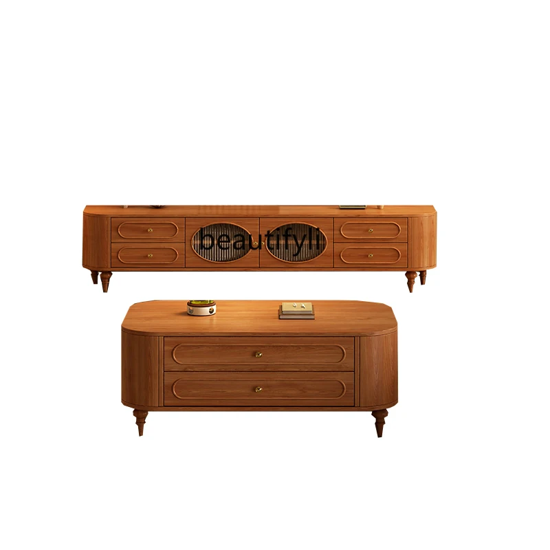 American Light Luxury Style TV Cabinet and Tea Table Combination Living Room Chest of Drawer Storage Household Solid Wood