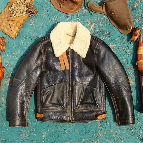 Tailor Brando Turkey Original Sheep Shearling & Vegetable Tanned Tea Core Cowhide Men's Classic Bomber Warm Genuine Fur Jacket