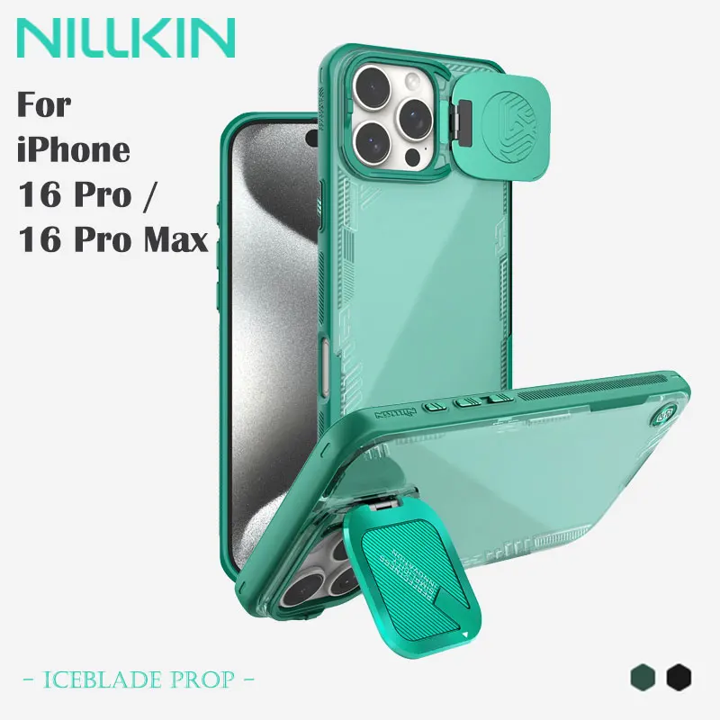 NILLKIN Iceblade Prop Magnetic Case for iPhone 16 Series, Rugged Design, Transparent PC Back, Aerospace Alloy Stand, MagSafe