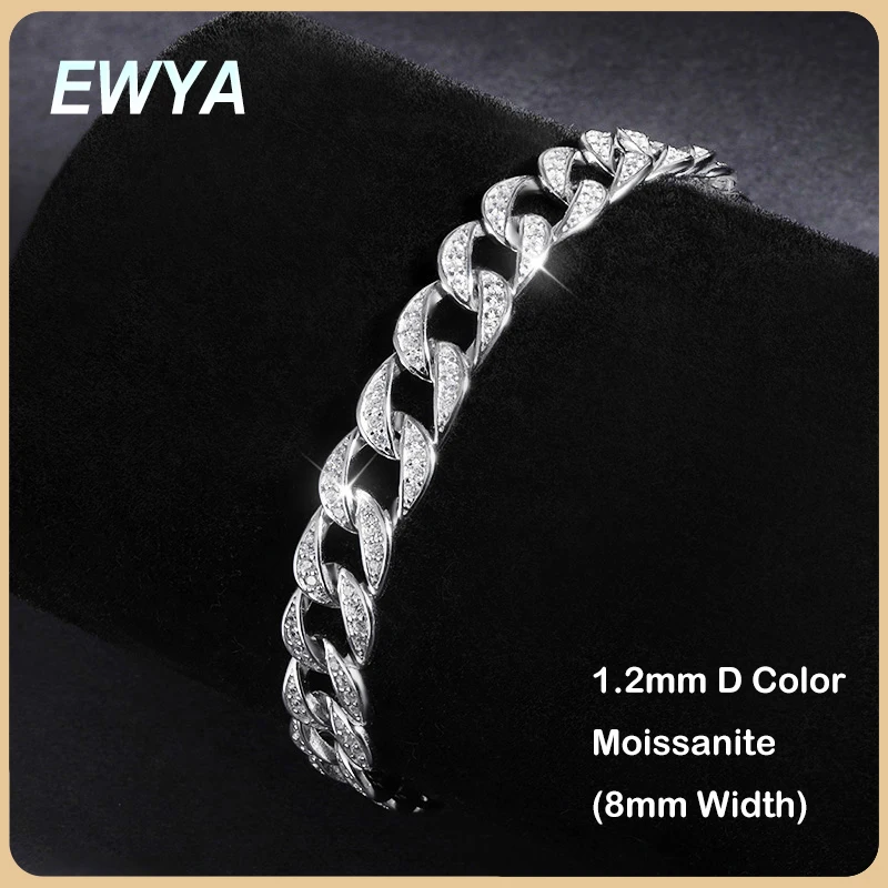 EWYA 남녀공용 풀 모이사나이트 쿠바 링크 팔찌, 남녀공용 S925 실버, 다이아몬드 테스트 통과, 8mm 손목 팔찌, D 컬러, 1.2mm 