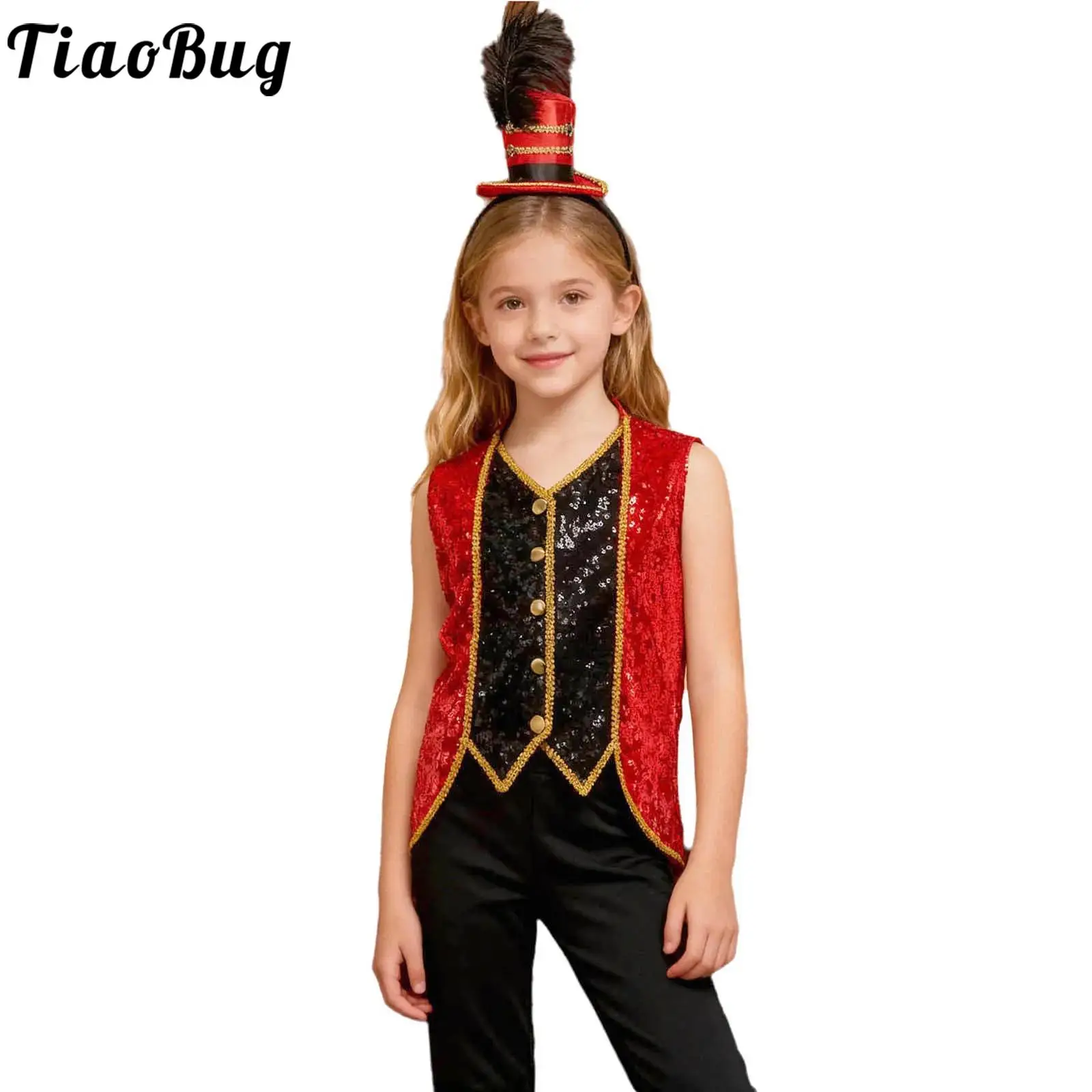 

Kids Girls Circus Magician Drum Band Costumes Sparkly Sequins Vest with Mini Feather Top Hat Outfit Ringmaster Performance Sets