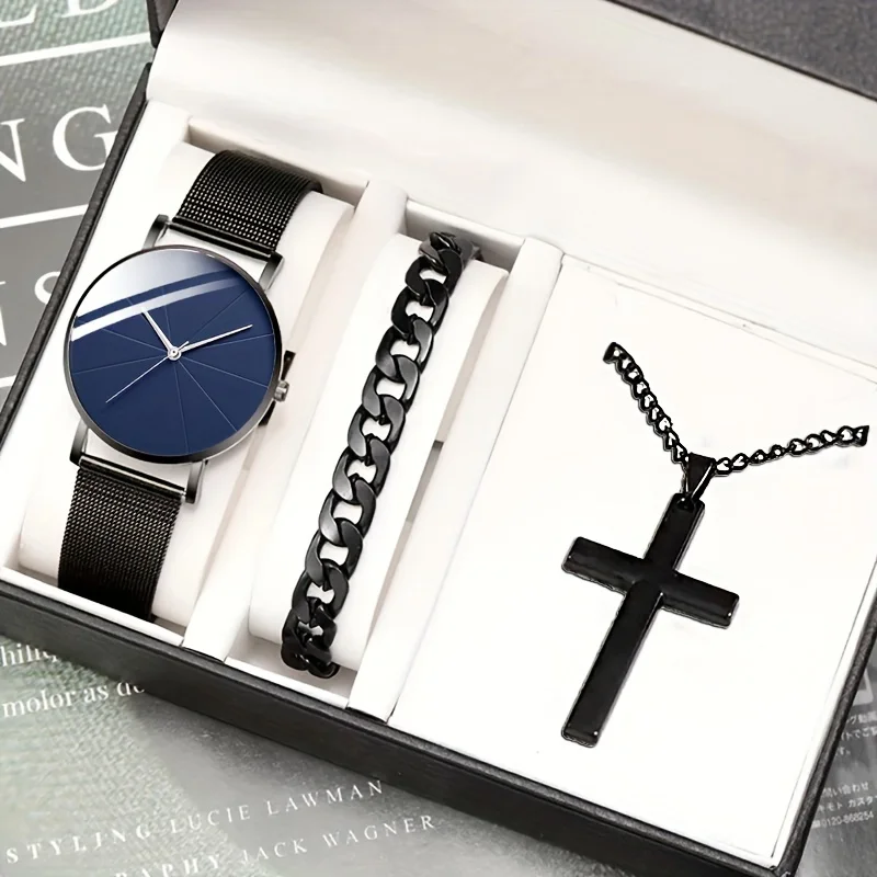 3pcs/set, Men's Business Ultra-thin Mesh Band Quartz Watch & Bracelet Cross Necklace Set