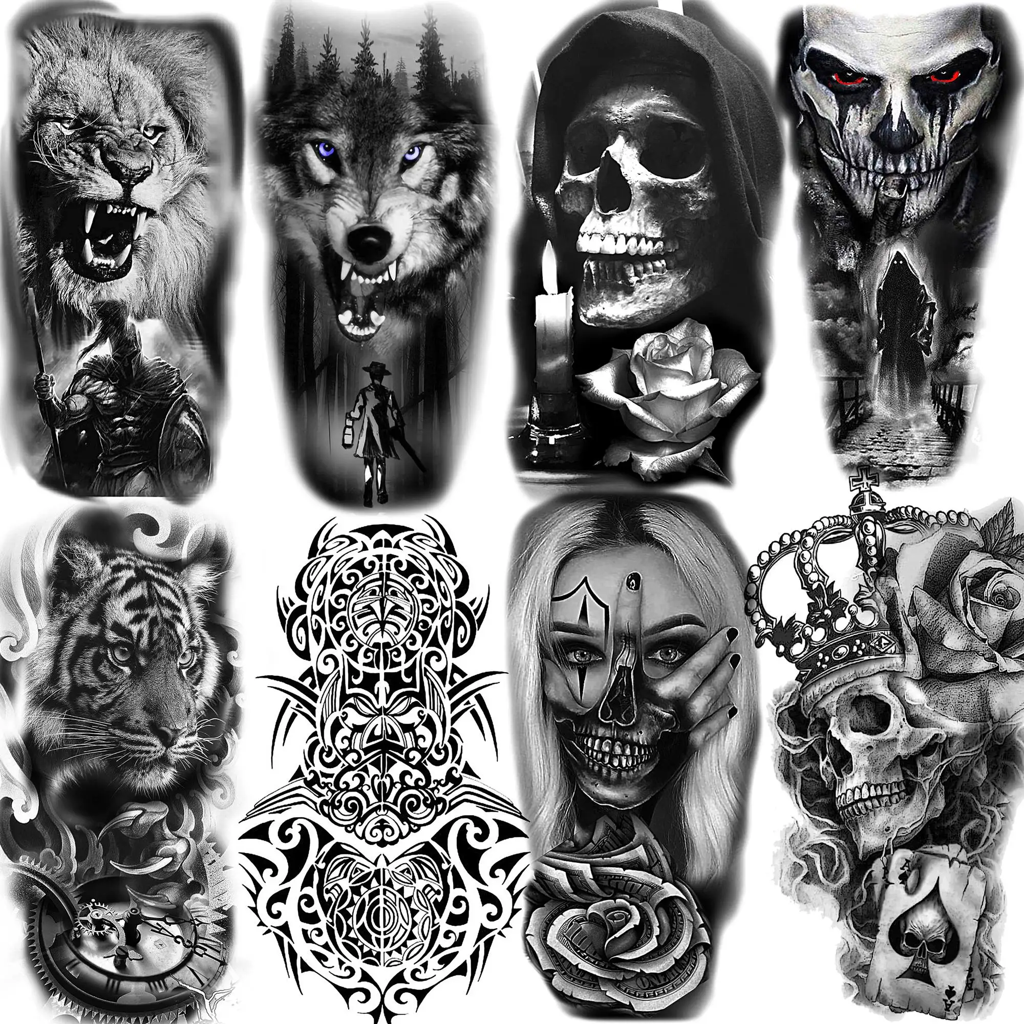 Tatuajes temporales de Guerrero espartano para mujeres, hombres y adultos, tatuajes falsos, León negro, Lobo, Calavera, tatuajes de arte corporal, decoración, 8 hojas