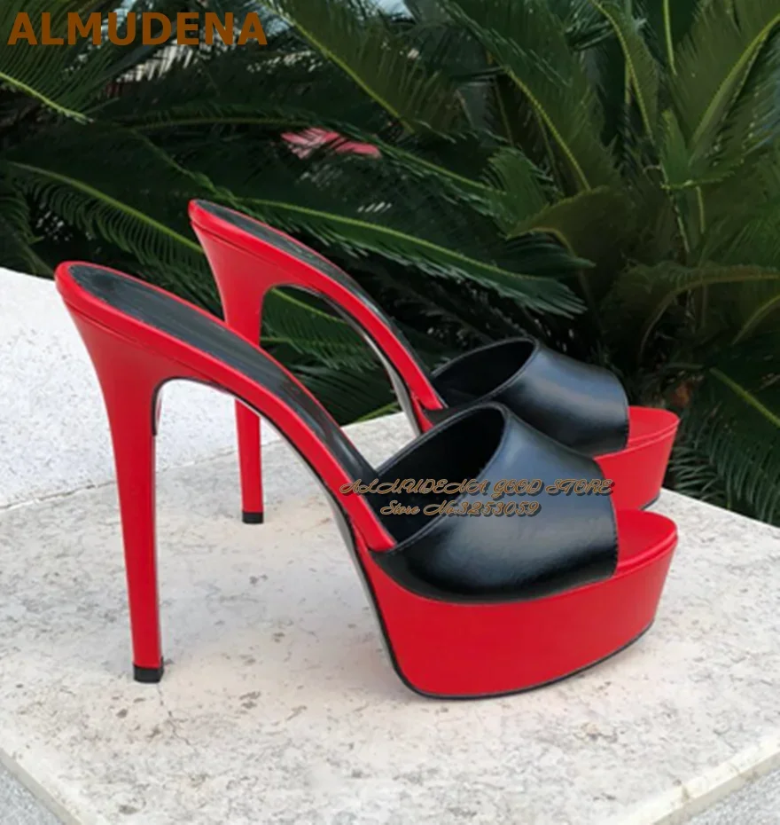 

ALMUDENA Red Stiletto Heels Platform Modern Slippers Black Matte Leather Color Patchwork Sandals Open Toe Slip-On Dress Shoes