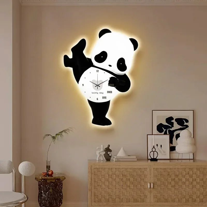 Panda Clock Wall Clock Living Room Porch Decorative Painting Wall Lamp 2024 New Net Red Free Punch Mute Clock Wall.