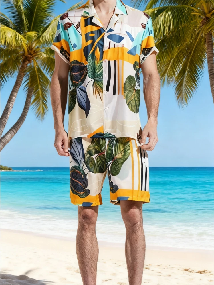 

Summer Men 2-piece Casual Set 100% Cotton Breathable Short Sleeve Shirt Floral Print Hawaiian Man Outfit Drawstring Shorts Suit