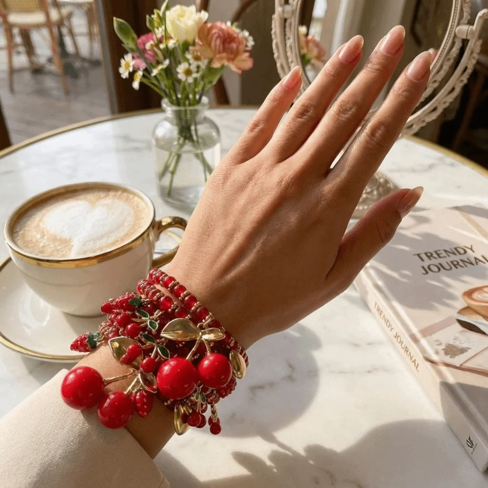 Chic Beaded Stackable Bracelet Set Fruit Heart Red Cherry Hand Chain Strawberry Lightweight Hand Jewelry Girl