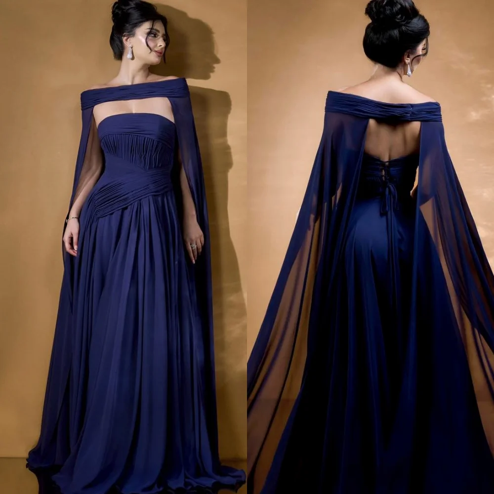 

Customized Temperament Strapless Sleeveless Evening Dress High Quality Chiffon Prom Dresses Classic Blue Ruched Party Gowns