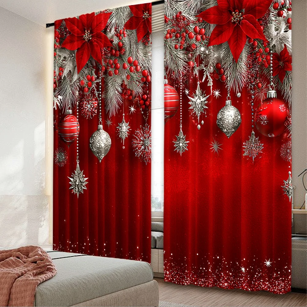 2 Stück 2D-Flachdruck Weihnachten Heiße Vorhänge Festliche Ornamente (3) Digitaldruck-Polyester-Vorhänge Familienfeier-Dekoration für