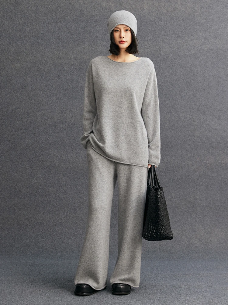 Women 100% Cashmere Rolled edge O-neck Pullover Wide Leg Pant Set Warm Loose Sweater Long Trousers Autumn Winter Cashmere Knit