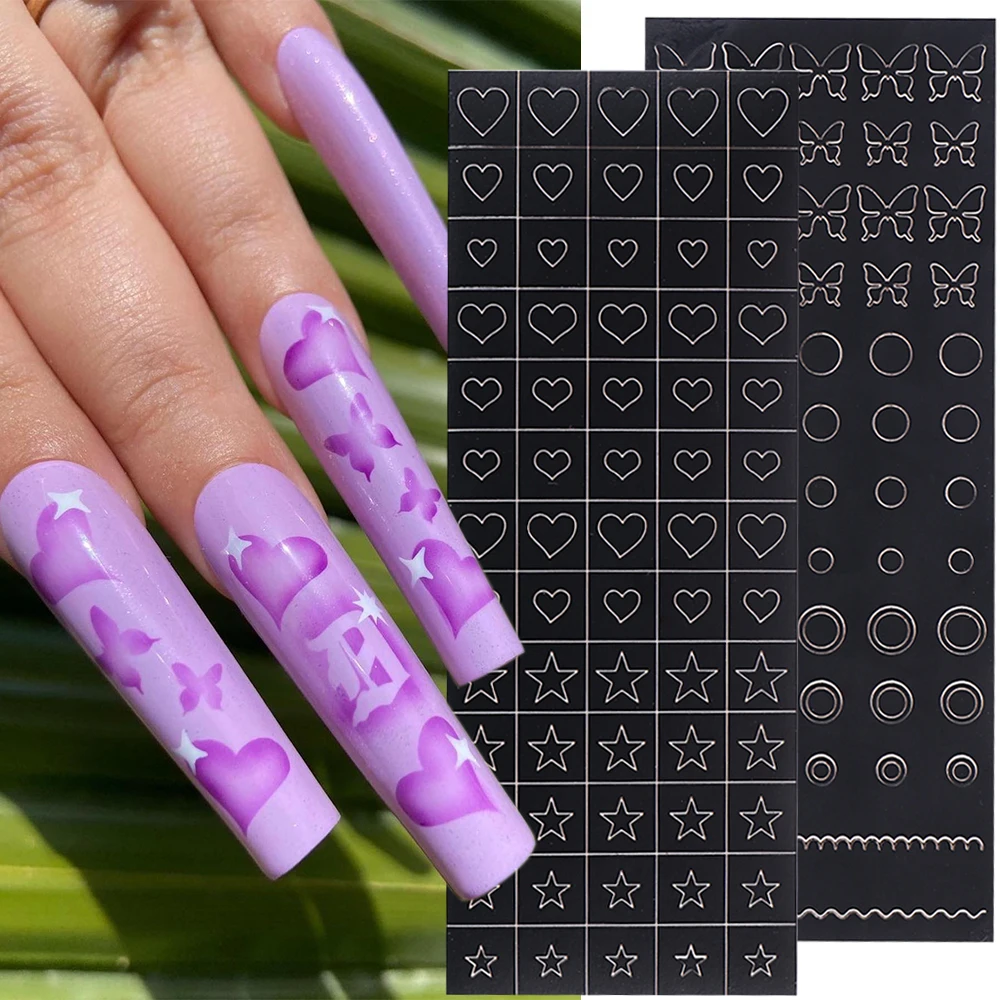 1pcs Airbrush Stencil For Nails Heart Flower Leaf Butterfly Airbrush Templates Stickers Spray Prints Transfer Paper Slider GLNLK