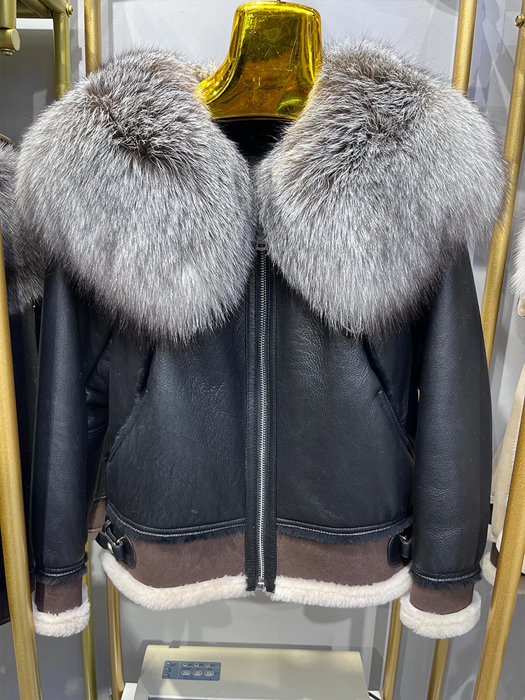 2024 Winter Women Real Fox Fur Collar Natural Merino Sheep Fur Coat Genuine Leather Jacket Thick Warm Luxury Female Coats