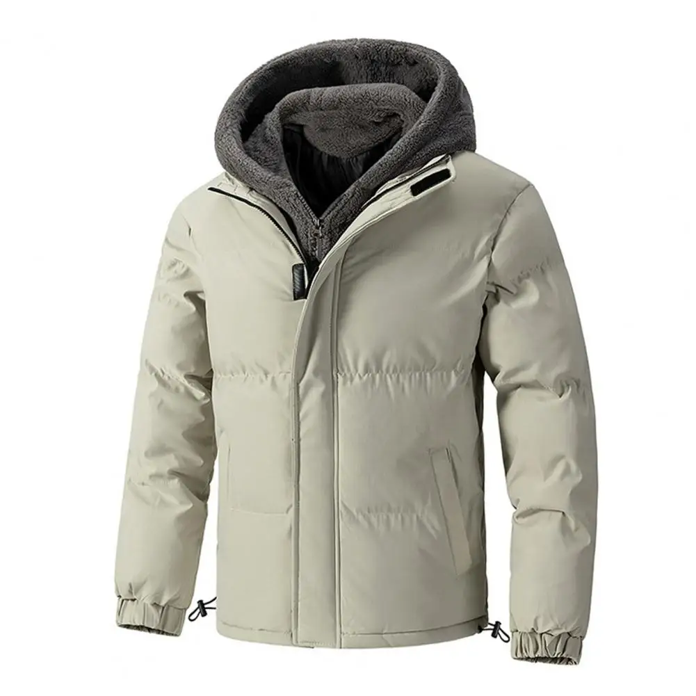 Windproof Winter Jacket Double-layered Jacket Men's Hooded Cotton Coat with Plush Lining Zipper Placket Thermal for Winter