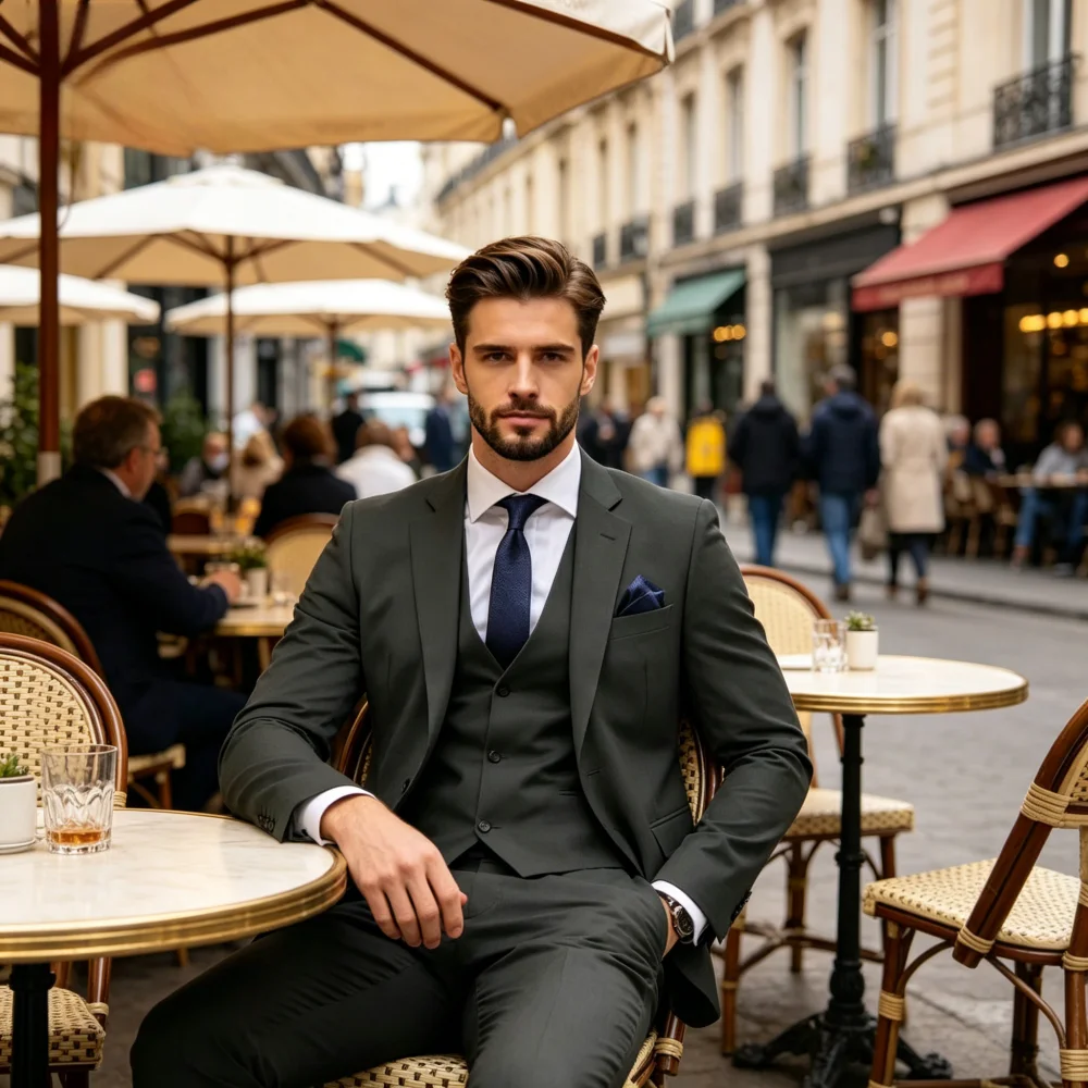 

Men's Fitted 3-Piece Dinner Wedding Tuxedo Two-Button Notch Lapel Jacket Vest And Pants for Formal Occasions