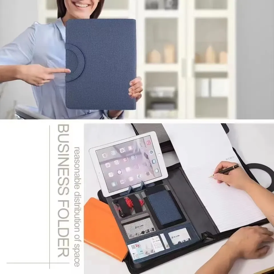 Leather A4 Conference Folder Multifunctional Business Stationery Contract File Organizer with Zipper And Card Holder
