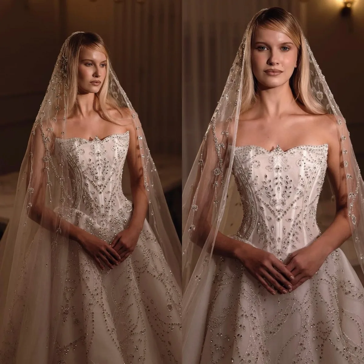 Gorgeous A Line Wedding Dress Beaded Crystal Strapless Lace Bride Gown Sexy Sleeveless Floor Length Bridal Dresses Customized