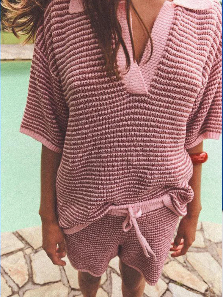 2024 European and American women\'s clothing new loose casual temperament striped lace-up knitted POLO collar top shorts suit