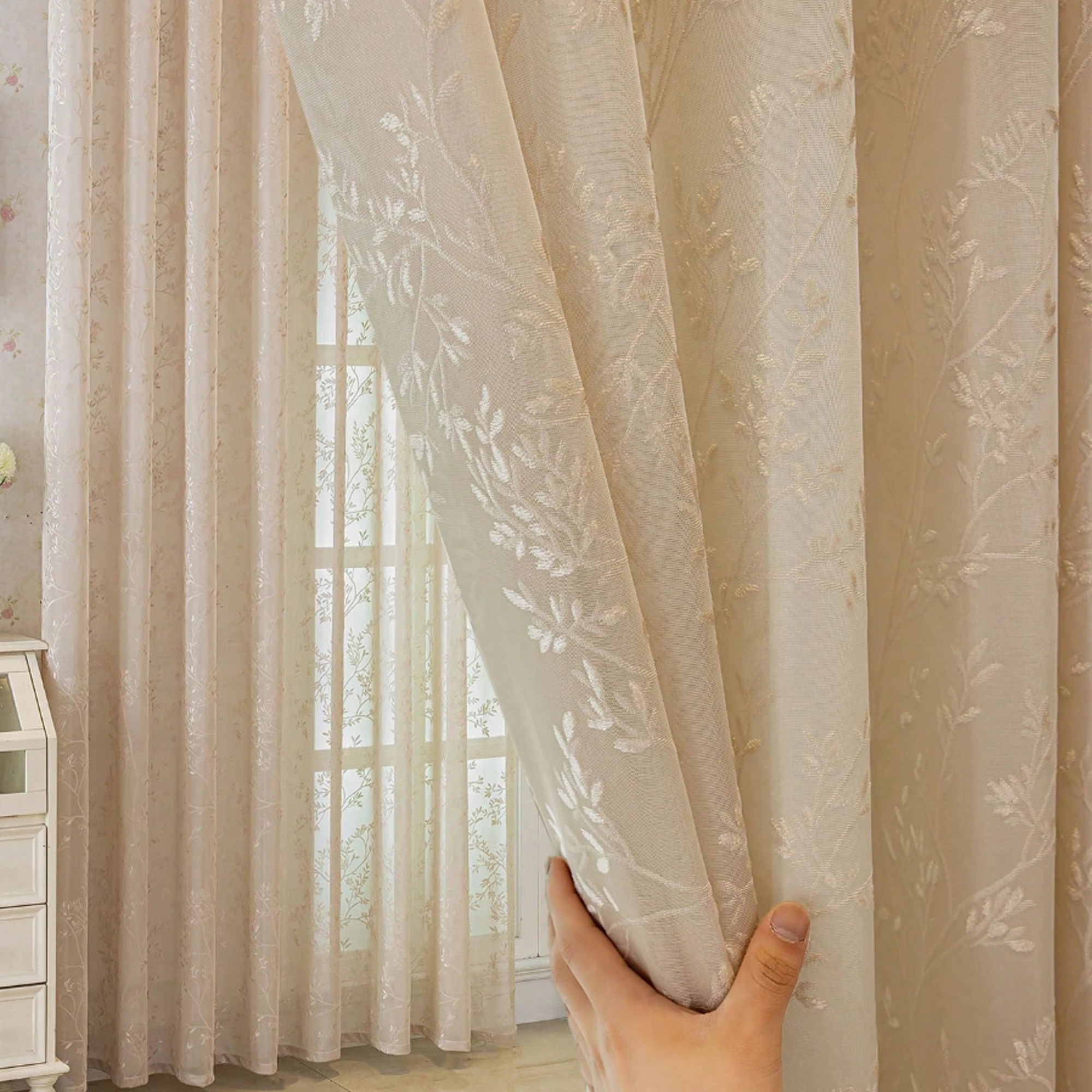 1pc Nordic Healing Champagne Gold Leaf Embroidered Window Curtain,  Natural Texture for Cozy Bedroom