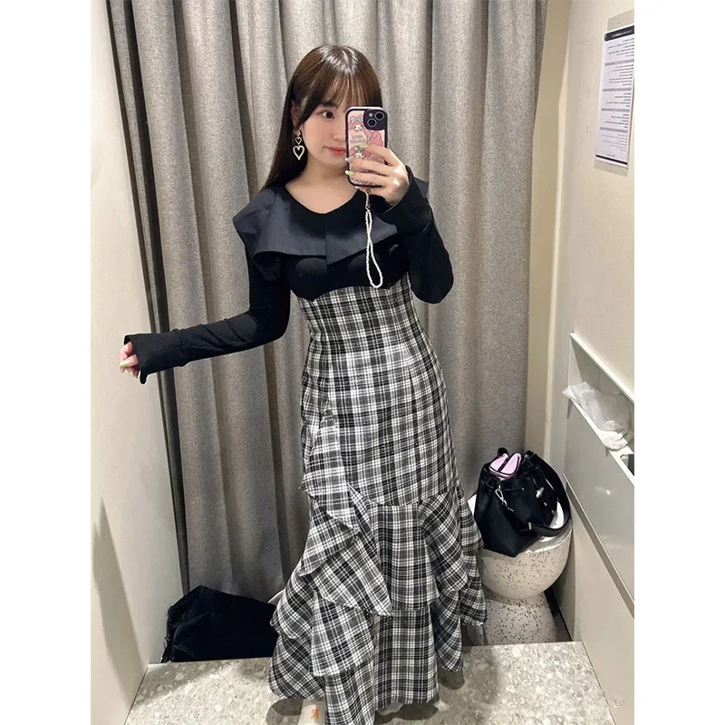 2024 Winter New Ruffles O-neck Long Sleeve Dress Knit Patchwork Plaid Irregular Hem Female Robe Japan Style Chic Vestidos