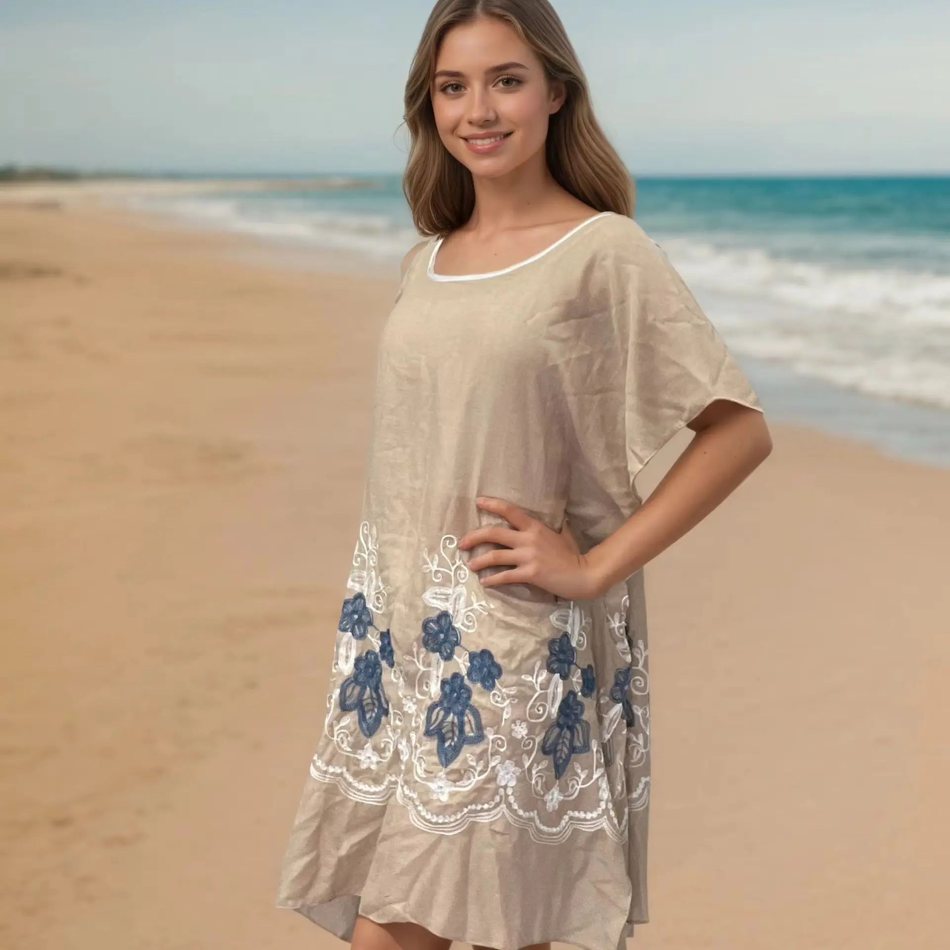 

A Hand-Made Polyester Pure Color Shawl with Thread Embroidery and Contrasting Flowers. Women's Fashion Pullover Shawl Is Suitable for Outdoor Beach Parties and Other Scenes