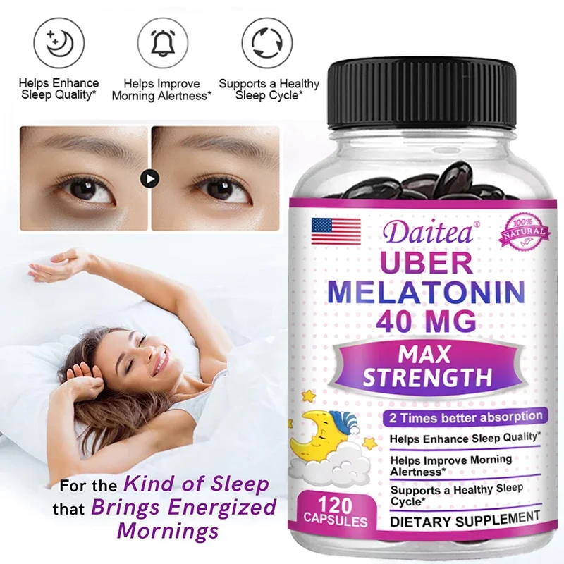 Daitea Melatonin Supplement 40mg Contains Vitamin C Theanine Extract Capsules to Promote Sleep Quality & Alertness Non-GMO